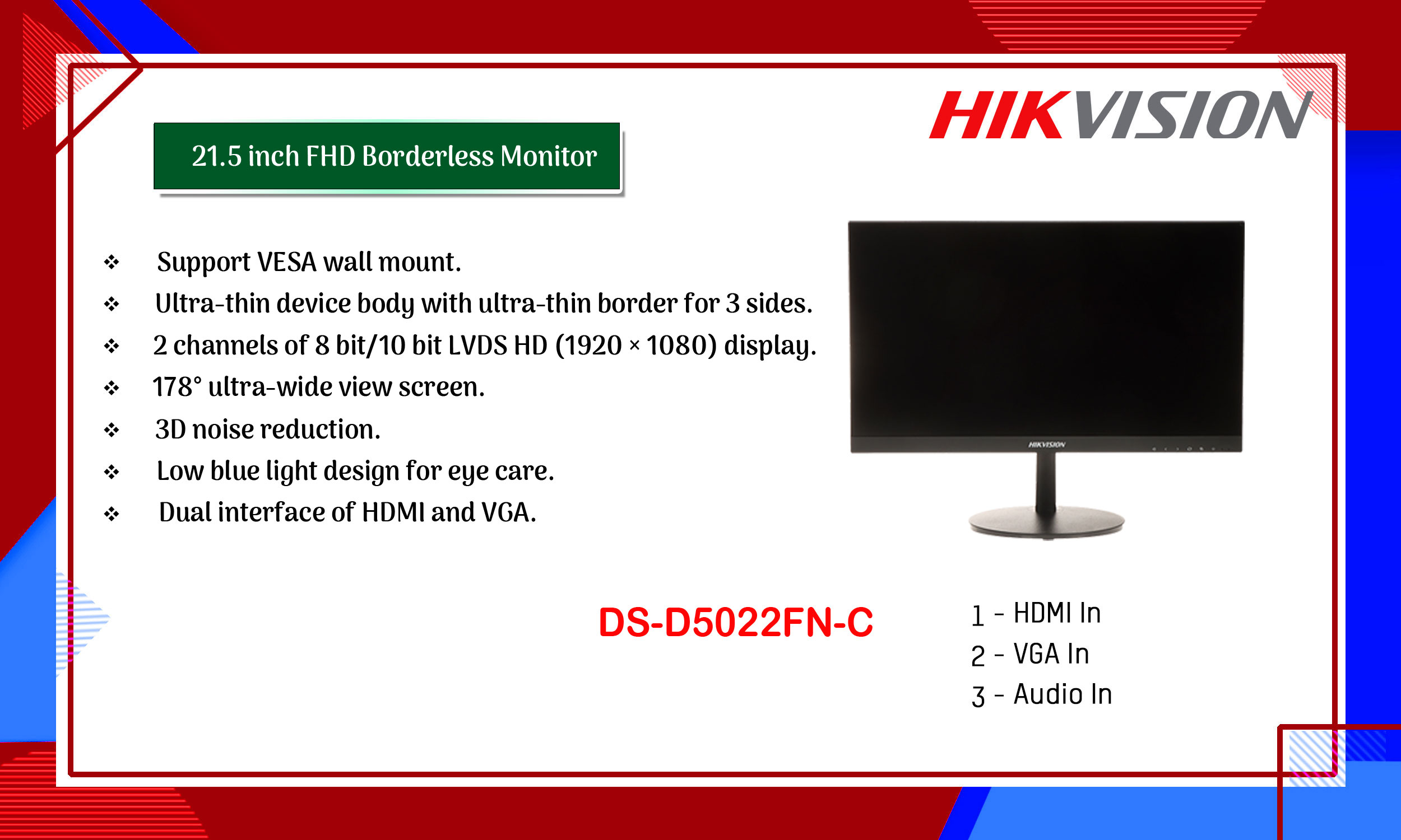 Ecran LED 32'' HD 1080p HDMI VGA BNC VESA DS-D5032FC-A DIXYS HIK